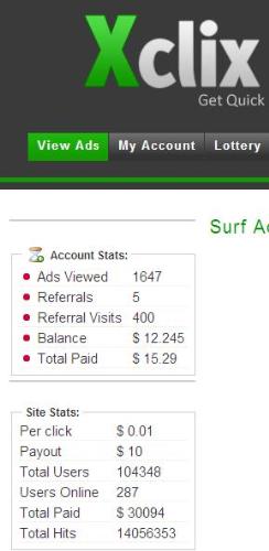XClix Stats - I've received 2 payouts and have a 3rd payout pending. This site pays faster than some of the other PTC sites. If interested in joining, please visit: http://www.xclix.net/?r=paidreader