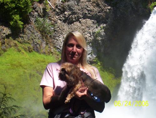 my mom and our dog trixie - My mom and our yorkie trixie.