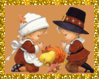 Thanksgiving - two pilgrims praying over a thanksgiving dinner