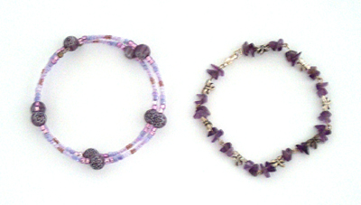 2 Pretty Purple Handmade Bracelets - A purple flower beaded memory wire bracelet & an amethyst and pewter dragonfly bracelet, both handmade.