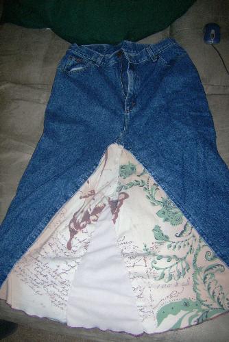 Jean Skirt  - This is a skirt i made out of an old pair of jeans and an old t-shirt. 