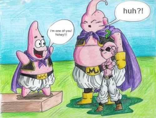 Patrick and the Majinbus - patrick (spongebob squarepants) is one of the majinbus (Dragonball Z)... is so cute... i mean with patrick being cheerful and all, he definitely wouldn't stand a chance against the majinbu's... hope they wont turn him into a candy and eat him.. hehehe