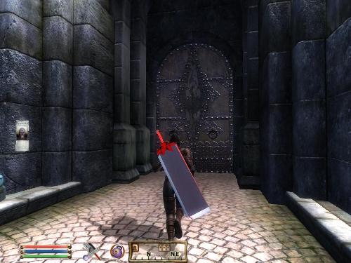 Oblivion Mod: My Own Sword, Suiseiseki - This screenshot shows off a sword I modeled in Blender v2.46 and put into Oblivion as a purchasable two-hand sword. It's a balanced gameplay object, but it looks terrible in first-person view. The quality of the screenshot has been scrapped by saving it in JPG format in MSPaint.