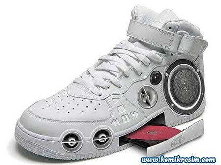 MP3 shoes - Some clever geniuses felt your regular shoes just didn't have enough integrated CD-ROMs, speakers, tweeters, and a volume control knobs, so they put this little concept together. Forget the fact that there's no way a CD will read in a moving shoe, but look at it. I mean really, look at it. It's like how they predicted the shoe of the future would look like in the 80's