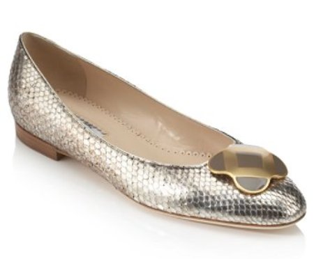 Python Ballet Flat - One such prospective pair that gathered my attention is metallic python ballet with mosaico ornament. The pair has a 1/2 inch stacked heel and was designed in Italy. The silver and golden appeal of the sandal is interesting and catching eyelids. This oxidized pair is retailed at $880.