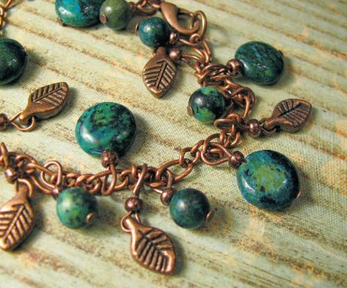 Copper Leaves and Jasper Bracelet - Australian Jasper beads and Copper leaves adorn this 7 1/2' antiqued copper bracelet. The Australian Jasper stone is a gorgeous deep green with black veining and hints of turquoise blue. This is a beautiful, delicate, lightweight bracelet.  A perfect gift for someone who is inspired by the beauty of nature! Available in my Etsy shop.