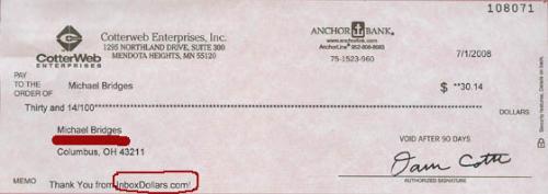 Proof of Inbox Dollars Payment - This is the check I received from Inbox Dollars.