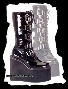 Cyber gothic platform boots - These are the greatest boots for clubbing! Even though they are pretty high they are still very comfortable and fit nicely even if you have a bit of a thicker calf. I have the non-patent ones myself as I found them on the internet, only worn a couple of times, and at a very good price. Otherwise I would've bought the patent ones but this saved me so much money I am not going to make a fuzz about the material :)