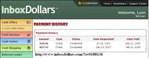My payout history at InBoxDollars - This is a screenshot of my InBoxDollars payout history. Notice the time it took to get the payment processed when I requested early in the month. I suggest waiting til later in the month to have increased earnings and reduced processing times.