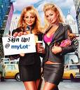 Royalty or just plain Loyalty - Picture of Paris Hilton and Nicole Richie in The Simple Life garb in the city holding up paper that says "Sign up, at Mylot", Paris on the right, Nicole holding the sign on the left.