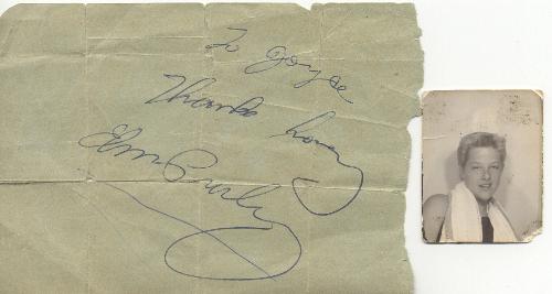 Is this Elvis? - Well there is a story here. My beloved mother, whom I lost when I was 7, climbed over a fence to give Elvis a teddy bear. He wrote her this note. I believe he gave her this picture too, but it is not autographed. Do you think it looks like Elvis? There was a very famous actress there that he was dating before Graceland existed. She is still alive today. What was her name? Do you know?  I know the note came from Elvis, but Graceland refused to authenticate it. I will not part with it to find out. Someone would have to fly me to Graceland and allow me to security guard it while they tested it's authentencity. The paper can be tested for age as well in today's technology. My uncle who is still alive can tell anyone the whole story. I need to record his story of all the details.
