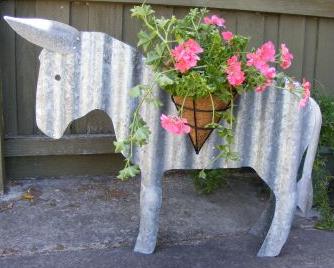 Corrigated iron donkey - corrigated iron donkey made into a planter, Aussie art