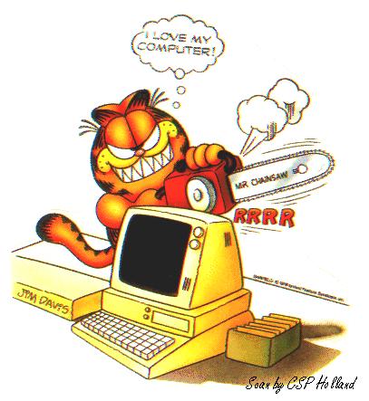 Garfield loves his computer - Garfield taking a chainsaw to his computer