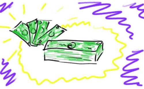 Glowing Money - A stack of bills and a fan of bills, both glowing.