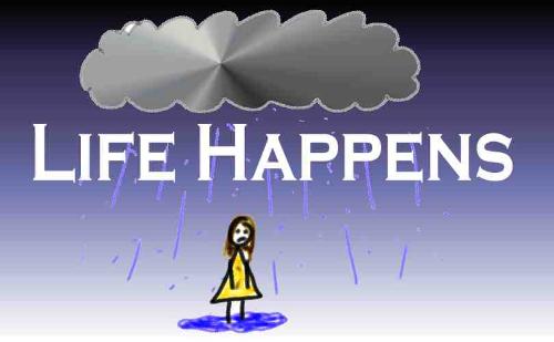 Life Happens - A stick figure girl standing in a downpour.