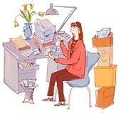my desk LOL! - illustration of woman working at desk