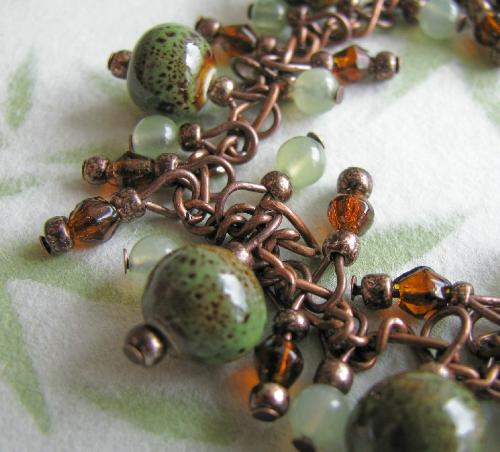 Moss on the Rocks Copper Bracelet - This 7 1/2' copper bracelet is decorated with pretty brownish-green ceramic beads, jade green stone beads and dark brown glass beads. The combination of green brown and copper is so beautiful ~ it reminds of mossy rocks.  One of my latest handmade pieces