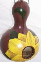 Birdhouse Gourd - I painted this birdhouse gourd brown and decorated with several sunflowers - the opening to the birdhouse is in the center of one of the sunflowers