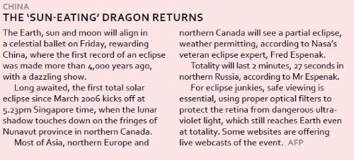News excerpt taken from the papers. - This time round, the eclipse is in China.