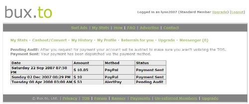 Bux.To History - This is a screenshot of my payout history with Bux.To. If you're interested in joining theis ptc site, please visit: http://bux.to/?r=lynn2007