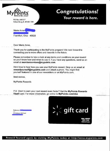 Gift Card From MyPoints - A letter with the $25 WalMart gift card that I received from MyPoints today. If you'd like information on how to get one yourself, shoot me a PM.