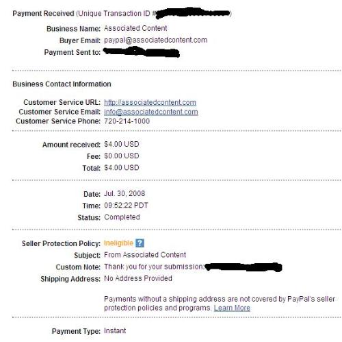 My First Payment Proof! - So.. Wednesday I received my first EVER payment from AC! And I am thrilled! I submitted my first piece and about 5 days later I was made an offer and the following day I received my $4 payment in paypal! I can't wait to submit more, but I'm suffering a bit from writer's block! LOL