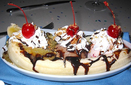 Banana Split - One of my favourite desserts - 3 scoops of vanilla, chocolate and strawberry icecream, with bananas, gooey chocolate and lots of nuts!