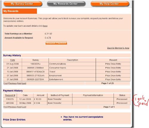 ciao surveys - my earning detail and proof of payment
