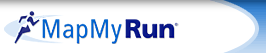 logo for map my run - It is a logo using various shades of blue. On the left side is an image of a runner then the words Map My Run. It has got a cool blue swoop in it!