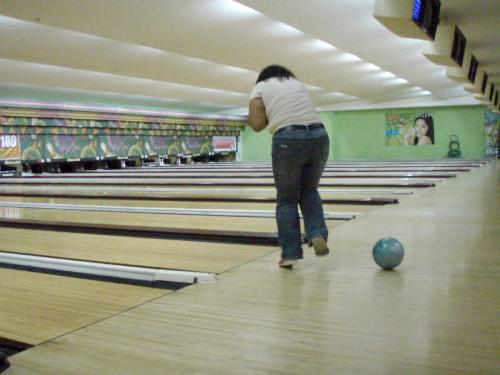 whoops!  - this is my sister who dropped the bowling ball on her first try. funny. hehe.