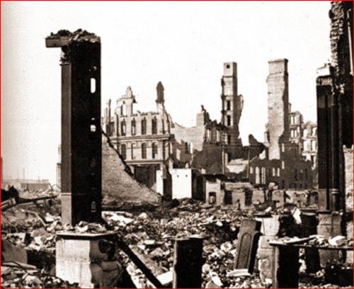 the Great Chicago Fire - An old photo from after the Great Chicago Fire, az you can see most of the city had burned to the ground. All this though led to a speedy recovery for the city and a double in growth rate.