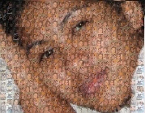 Photomosaic  - A collection of different pictures forming one single scene or image. Also known as photographic mosaic. You can find free online software and tutorials. A beautiful gift for loved ones. Unique and artistic and truly one of a kind. The person who made this was a newbie in photo mosaic. Out of love he was able to create this lovely mosaic.