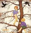 tree climbing - Painting of two children hanging out in a tree.