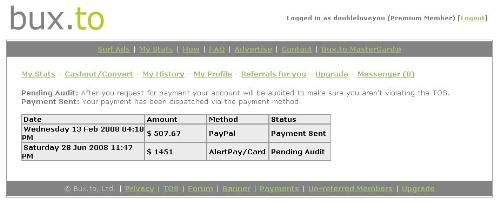 Proof of payment from Bux.to - This is a screen shot of when I was paid online by bux.to