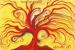 Painting of Red and Yellow Tree by Nina Kuriloff - I created this painting using gouache on paper. It is a painting of an imaginary tree and measures 4 x 6 inches.
