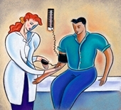 health - illustration of Female doctor taking mans blood pressure
