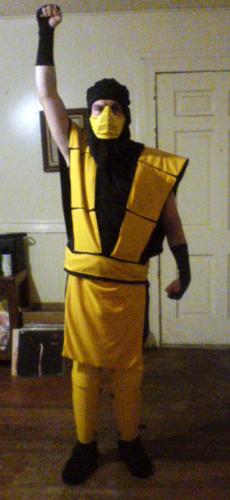 Scorpion Pose 1 - Here is Matt as Scorpion, doing a victory pose. I handmade this costume using knit fabrics and cardboard.