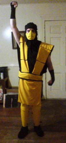 Scorpion Pose 1 - I made this Scorpion Costume. I used the classic look of MKII with a little bit of MKIII to make it look the way I wanted. the Shinguards are cardboard with Fiberglass cloth.