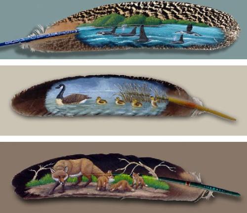 feather paintings - photos of animals on feather painting