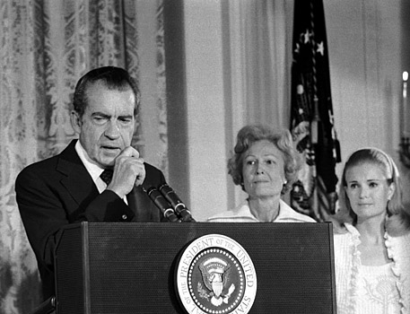 Nixon resigning - August 8th - A picture of Nixon resigning on August 8th, 1974.
