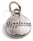 living it to the fullest - Picture of a silver charm that reads 'happiness' on it, white backdrop