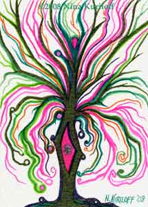 small drawing of Green & Pink Tree by Nina Kurilof - This drawing measures 3.5 x 2.5 inches. I created it using archival pens on paper.