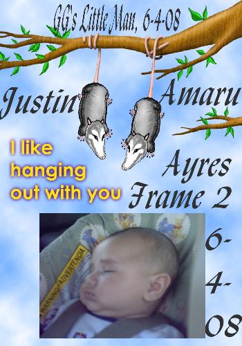 Justin framed by GG Mary 6-4-08 - Justin asleep in his new carseet Grandma Angel bought him