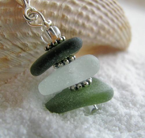 Olive and White Stacked Pendant Necklace - Triangular shaped authentic sea glass in deep olive, frosty white/clear and light olive green are stacked with sterling silver spacers and clear glass accent beads to complete the gorgeous pendant on this bracelet. The pendant is approx 1 1/4 in length from the top of the bail to the bottom of the pendant and hangs from an 18' sterling silver chain