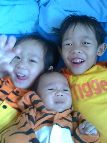 Tigger kids - I have no favorite cartoon character but I have collected some tigger costume, I now have 3, and since I also have 3 boys, why not let them wear it. This is one of their funny pictures being tigger.