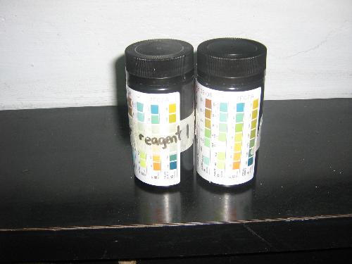 The Multistix - This is a strip that is used to test for sugar, albumin, blood, nitrite and pH in urine.