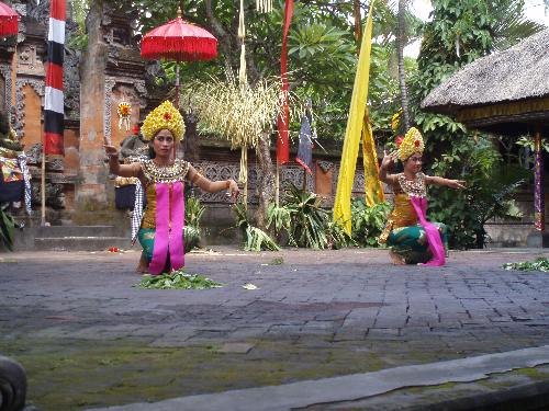 Bali traditional dance - Two charming local dancers were dancing gracefully on the outdoor stage in the cultural center of Bali Island. They were dancing in their traditional beautiful costumes. We could see the beautiful and unique hair lace made from lots of fresh yellowish flowers on their head. They danced according to the traditional music played by the local musicians sitting at a pavilion beside the stage.