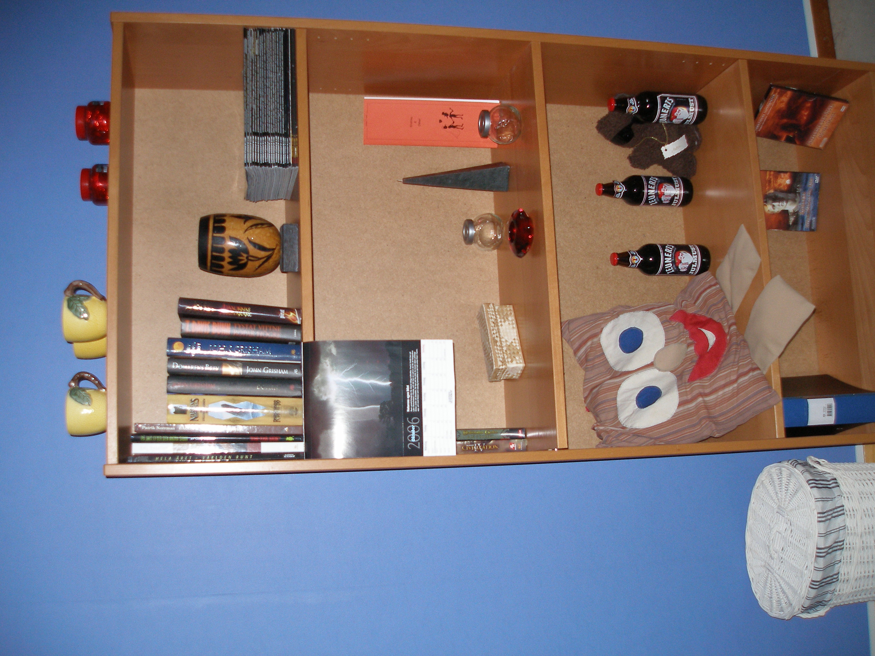 My shelf in my bedroom! - My shelf! A few books (should have more, I know!) and some other various things, a mug from where you drink banana-beer in Africa, lol ;)