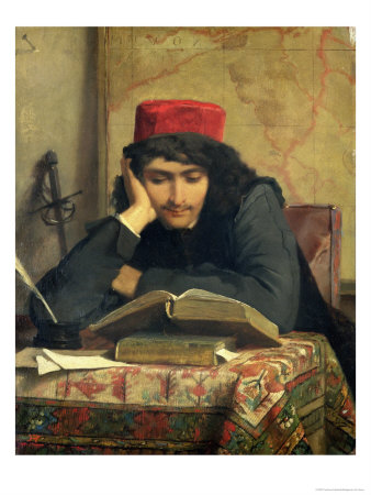 reader - painting of a young man reading on a desk