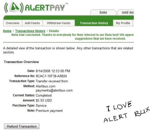 alertbux payment proof - this is an alertpay screenshot of my alertbux payment